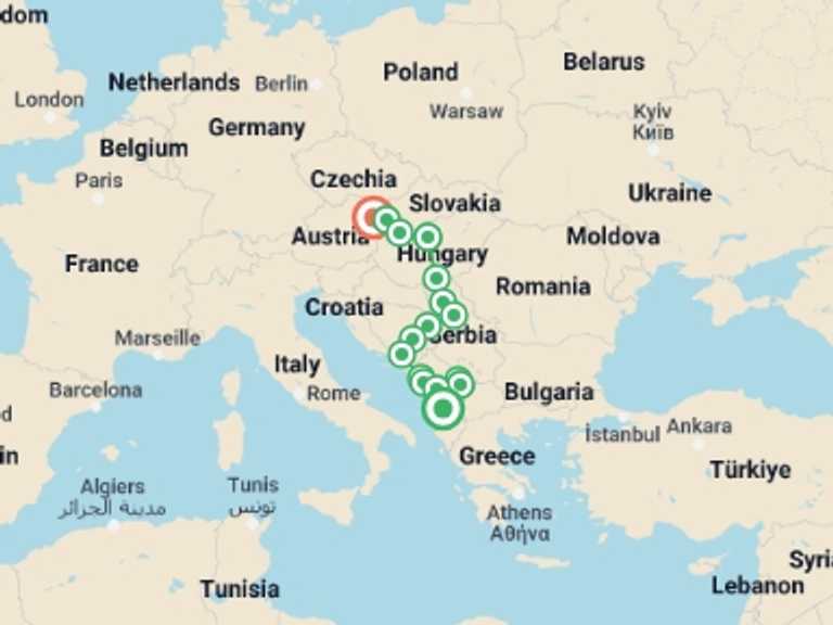 Map of Europe Tour with 14 destination visits for the trip: Small Group Tour; Balkans & Central Europe Tirana-Vienna