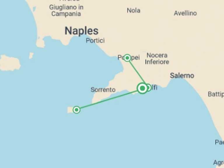 Map itinerary of Amalfi Coast & Campania Tour in September 2026 with 2 destination visits for the trip: Discovering Amalfi Coast