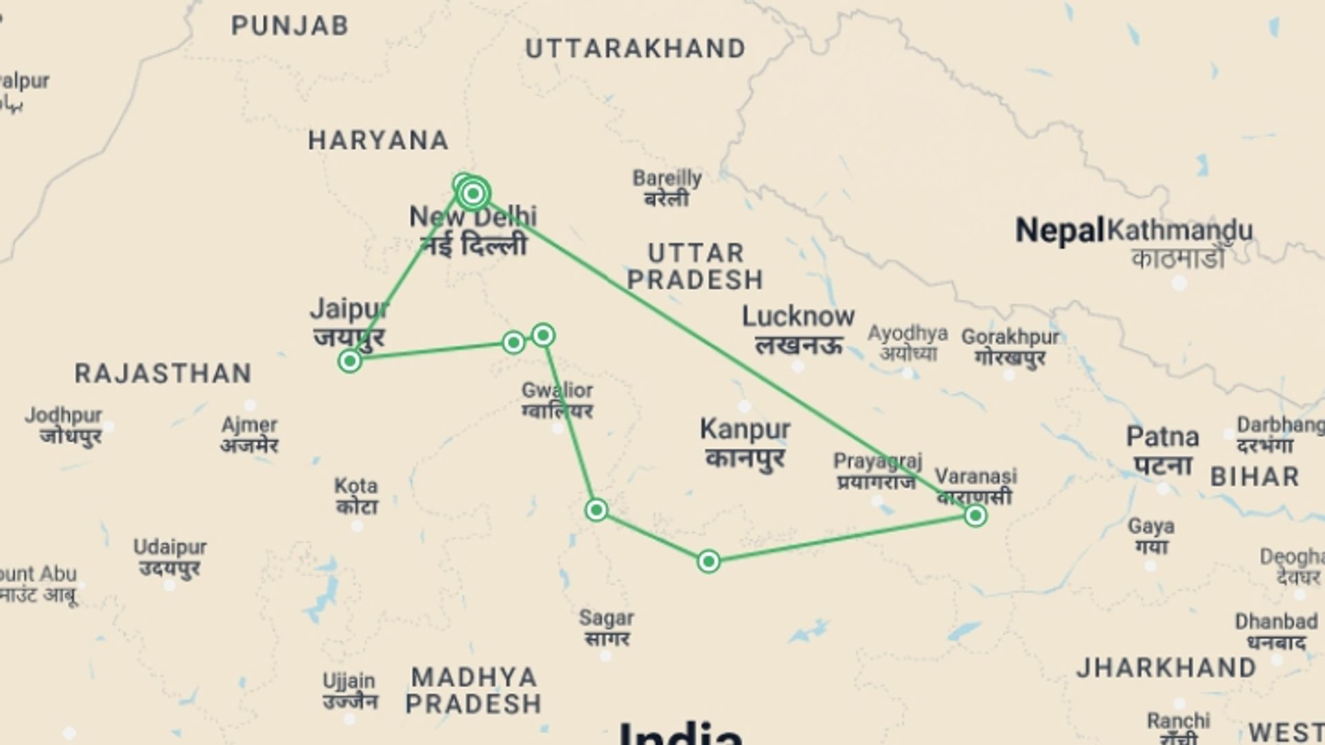 A map showing the tour itinerary for the trip: Classical North India, starting in New Delhi, India and ending in New Delhi, India going through 5 other destinations.