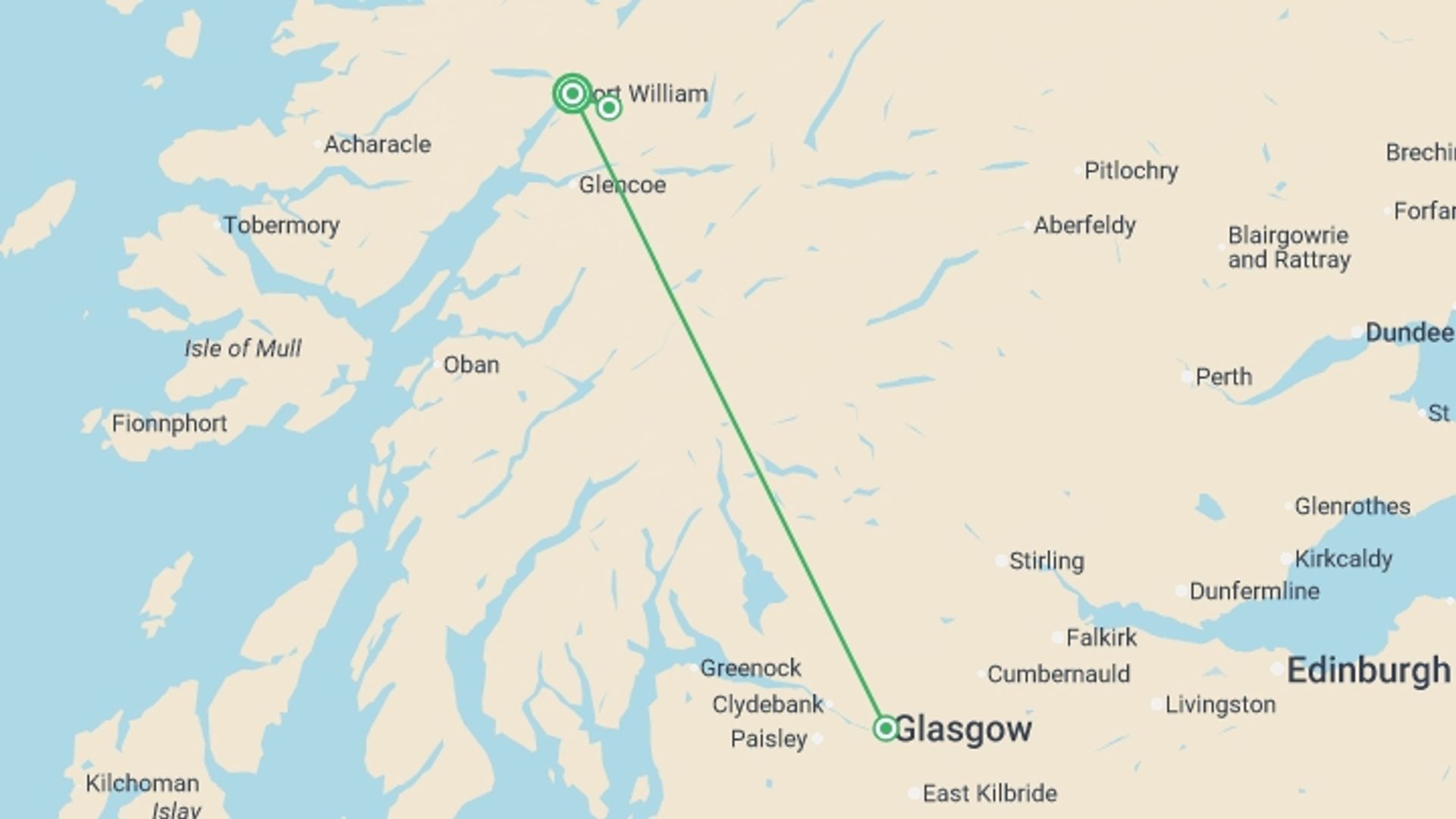 A map showing the tour itinerary for the trip: Classic Walks of Scotland, starting in Fort William, Scotland and ending in Fort William, Scotland going through 2 other destinations.