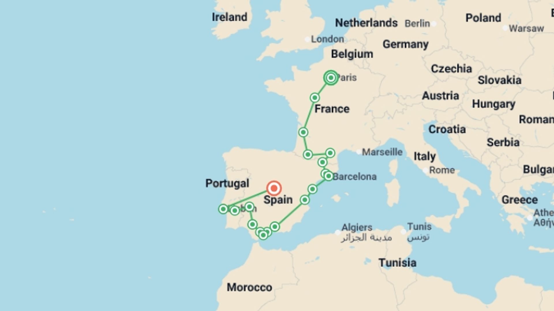 A map showing the tour itinerary for the trip: Three Countries, starting in Paris, France and ending in Madrid, Spain going through 8 other destinations.