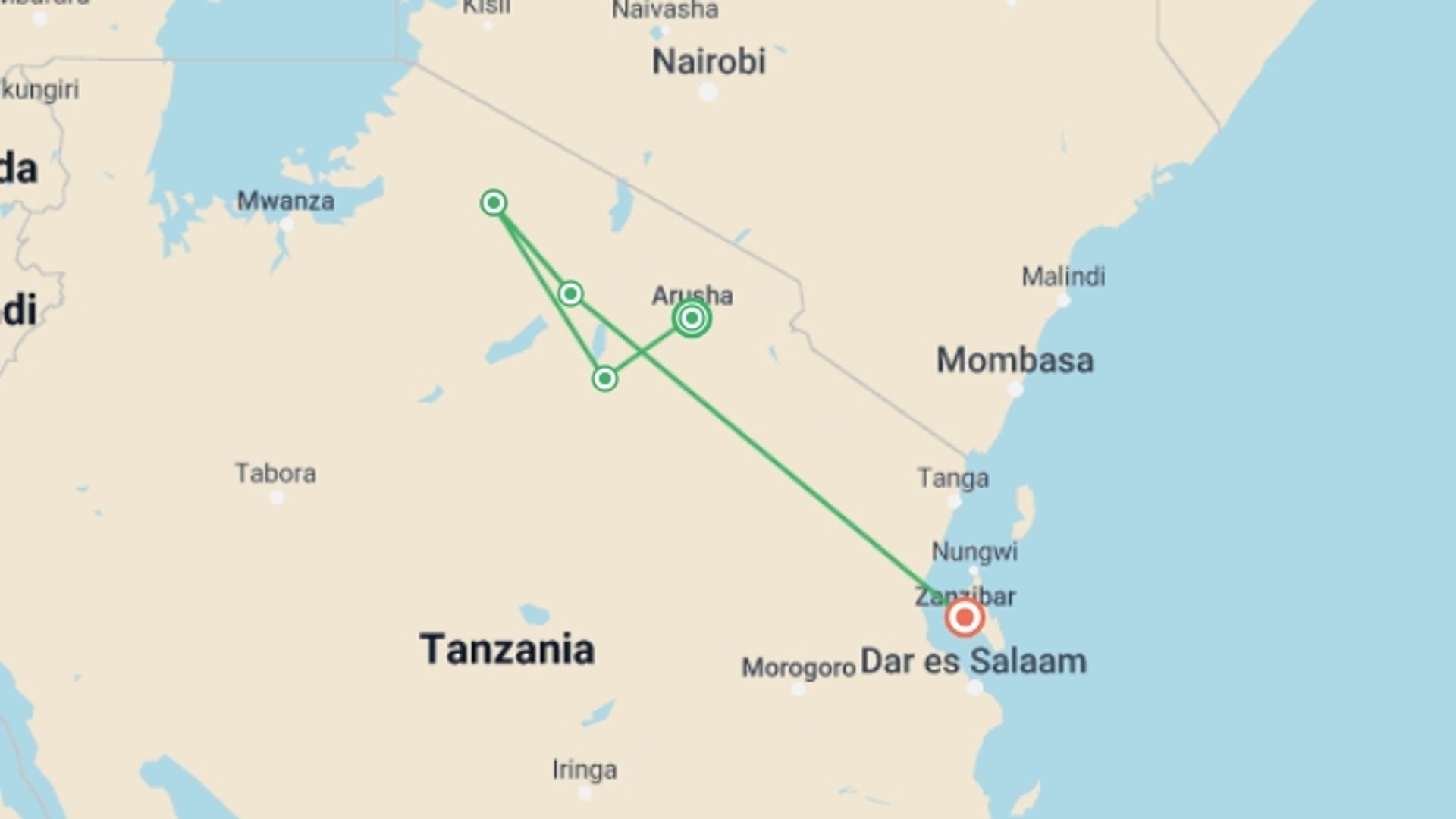 A map showing the tour itinerary for the trip: 7N/8D Safari Bush to Zanzibar Beach Combo, starting in Arusha, Tanzania and ending in Zanzibar, Tanzania going through 3 other destinations.
