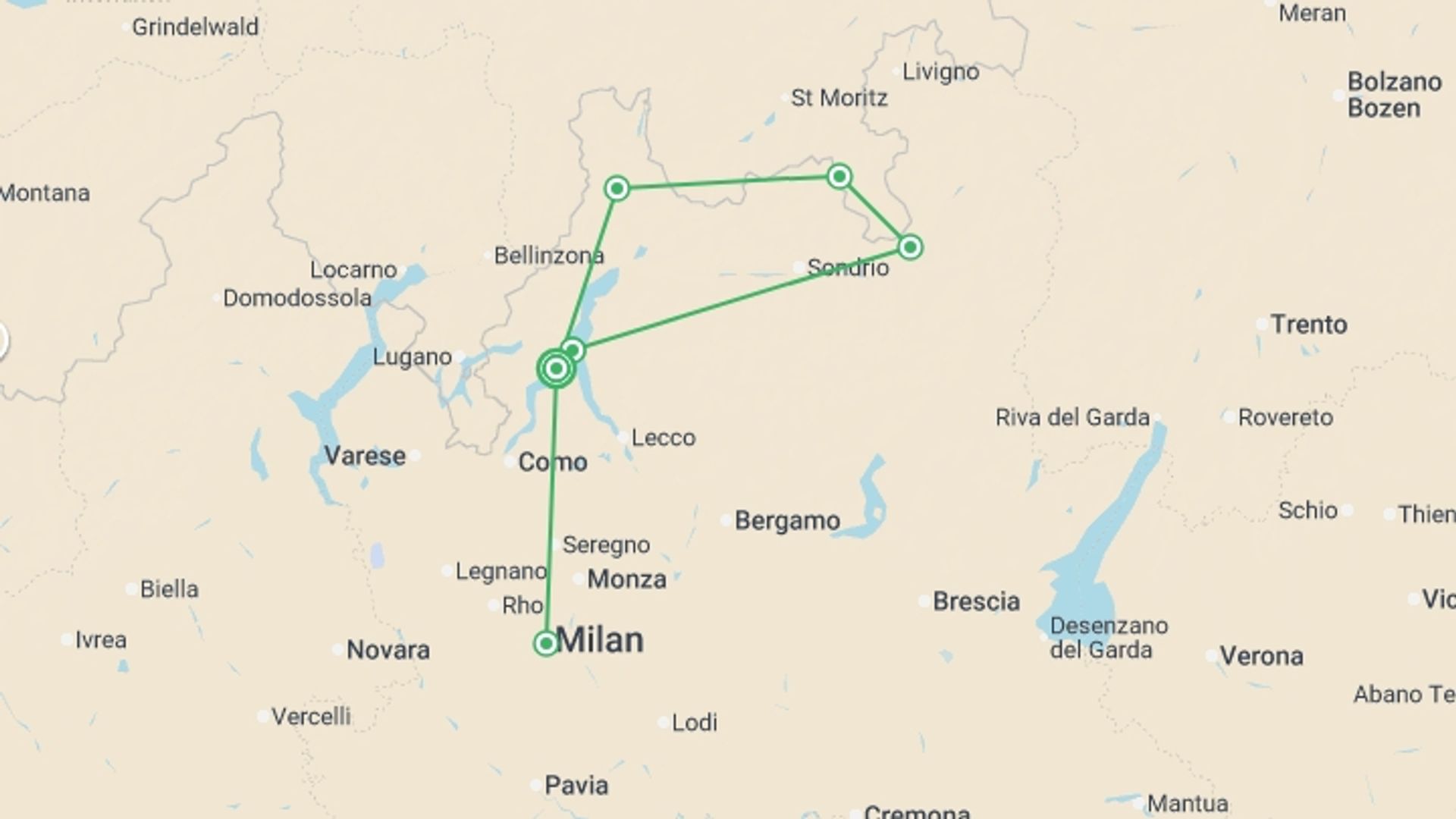A map showing the tour itinerary for the trip: Lake Como, Saint Moritz & Milan (3 Star) - 8 days, starting in Tremezzo, Italy and ending in Tremezzo, Italy going through 2 other destinations.