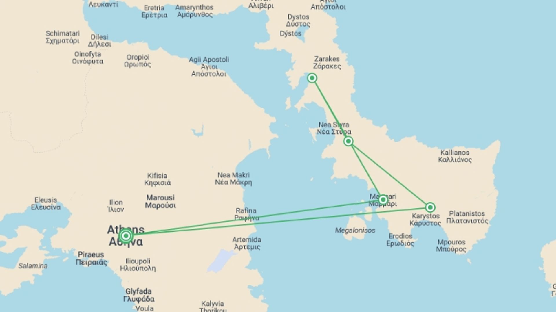 A map showing the tour itinerary for the trip: Greek Cruise and Island Walking, starting in Athens, Greece and ending in Athens, Greece going through 4 other destinations.