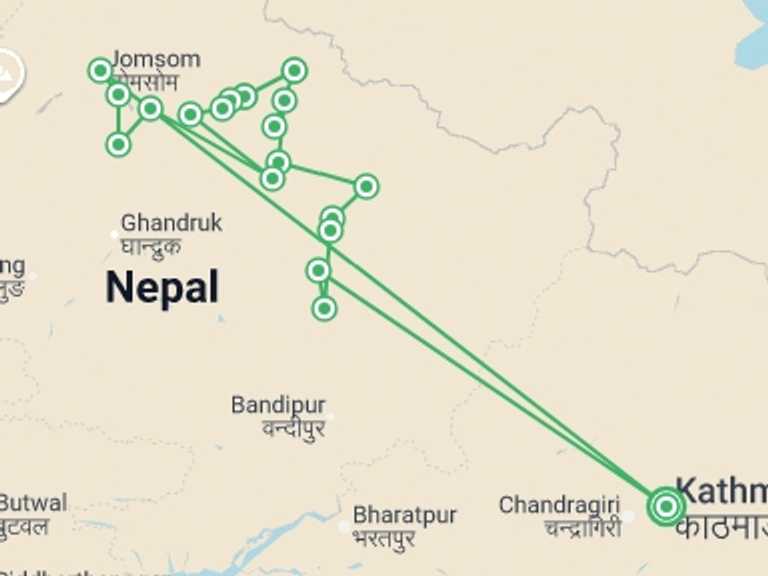 Map of Nepal Tour with 19 destination visits for the trip: Annapurna, Nar & Tilicho Lake