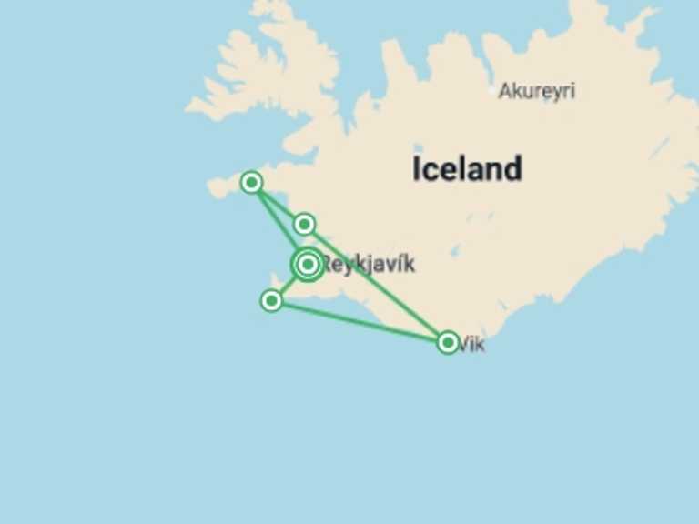 Map of 7-Day Reykjavik Tour with 6 destination visits for the trip: Scenic Iceland Self Drive Summer