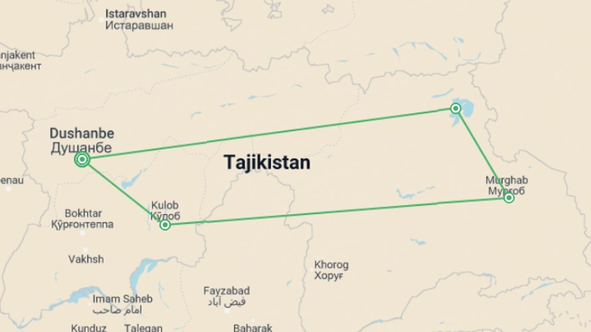 A map showing the tour itinerary for the trip: Tajikistan Expedition: Pamir Highway & beyond, starting in Dushanbe, Tajikistan and ending in Dushanbe, Tajikistan going through 3 other destinations.
