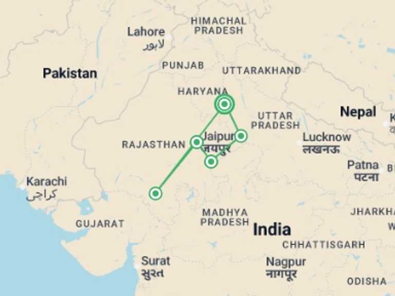 Map itinerary of Jaipur Tour in August 2026 with 6 destination visits for the trip: Legends of the Rajputs - 11 days