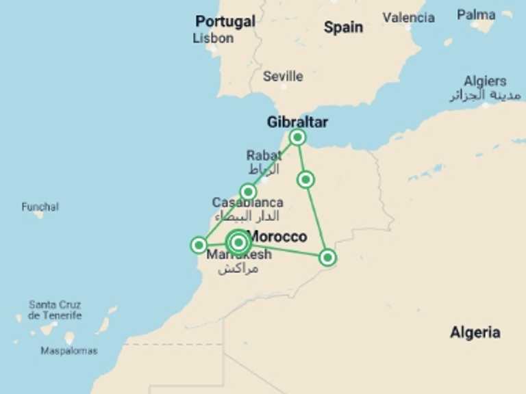 Map itinerary of Africa Tour in Fall with 6 destination visits for the trip: Exotic Morocco (4 Star Hotels)