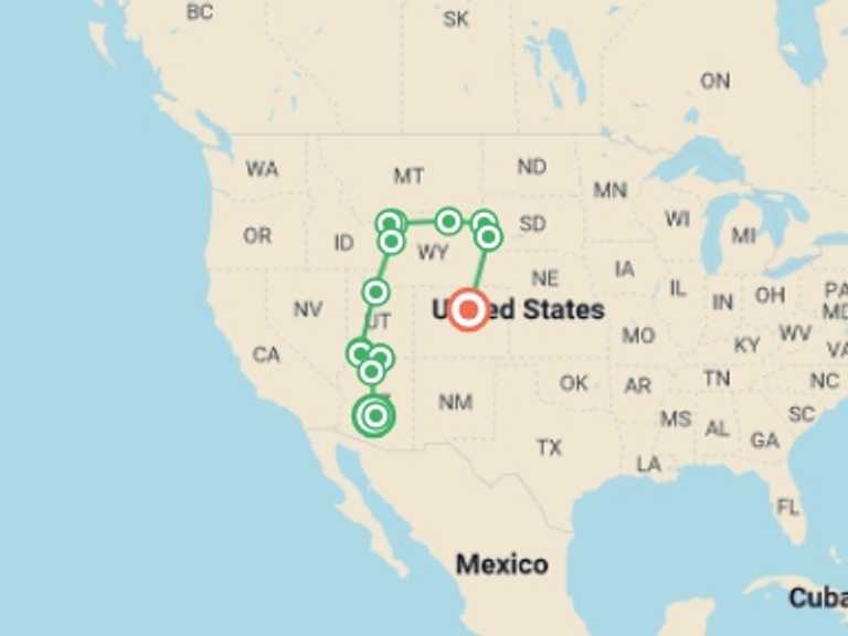 Map itinerary of USA Tour in Summer with 14 destination visits for the trip: America's Magnificent National Parks