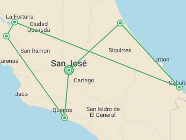 Map of a Self-drive or vehicle rental Tour with 7 destination visits for the trip: Tour Costa Rica Fly & Drive