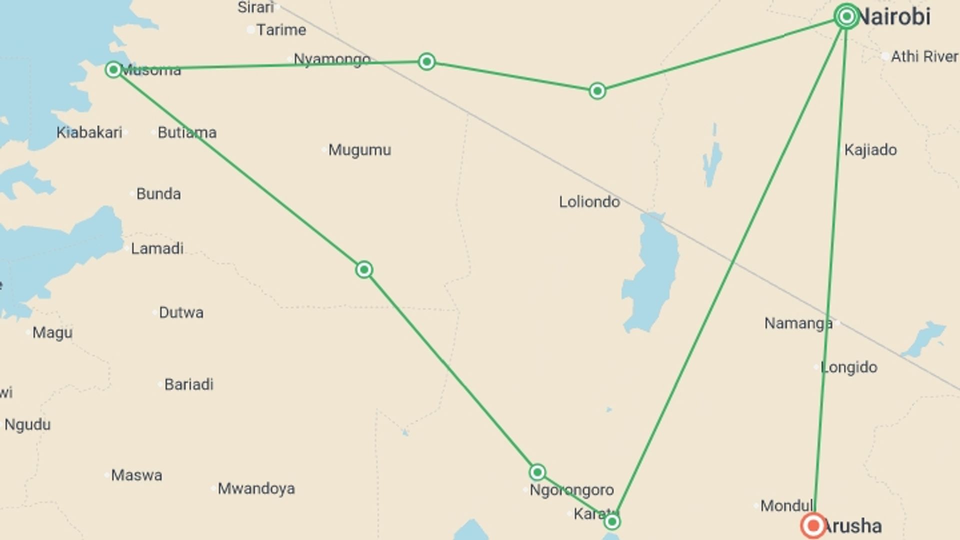 A map showing the tour itinerary for the trip: Essential East Africa, starting in Nairobi, Kenya and ending in Arusha, Tanzania going through 6 other destinations.