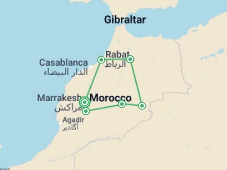 Map itinerary of Mediterranean Tour in March 2027 with 7 destination visits for the trip: Discover Morocco
