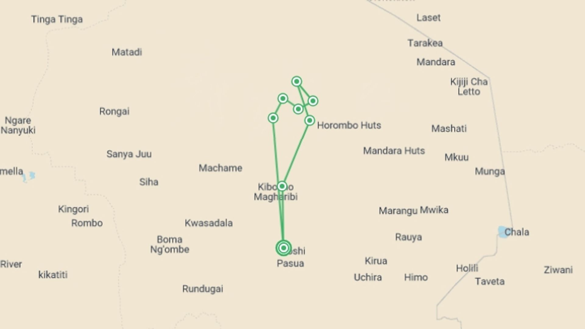 A map showing the tour itinerary for the trip: Mt. Kilimanjaro - Umbwe route, 8 days, starting in Moshi, Tanzania and ending in Moshi, Tanzania going through 9 other destinations.