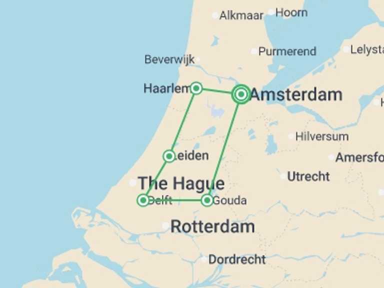Map itinerary of Europe Tour in September 2025 with 5 destination visits for the trip: Classic Holland Cycle
