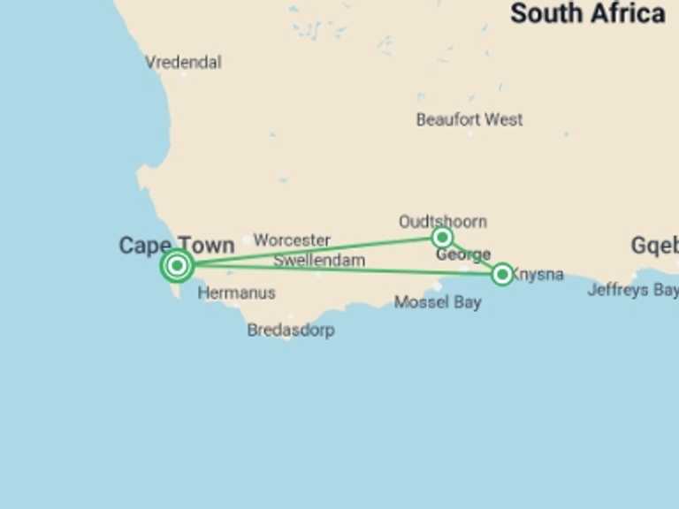 Map itinerary of Cape Town Tour in December 2025 with 3 destination visits for the trip: 4-day Highlights of the Garden Route Accommodated