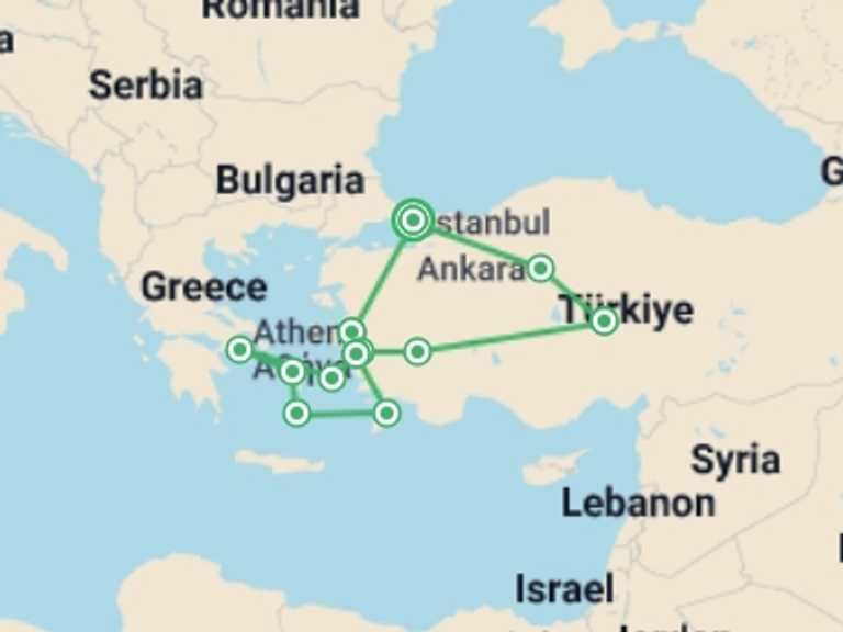 Map itinerary of Greece Tour in May 2026 with 9 destination visits for the trip: Best Of Turkey And Greece With 3-night Cruise (small Group)