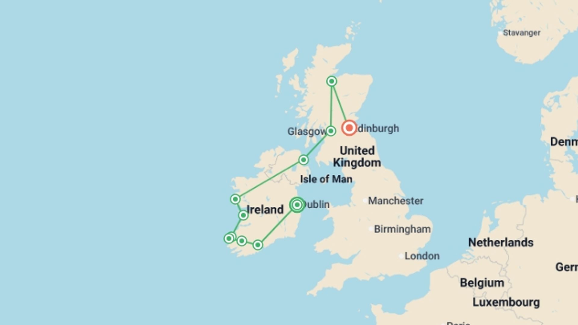 A map showing the tour itinerary for the trip: Best of Ireland & Scotland - Premium, starting in Dublin, Ireland and ending in Edinburgh, Scotland going through 5 other destinations.