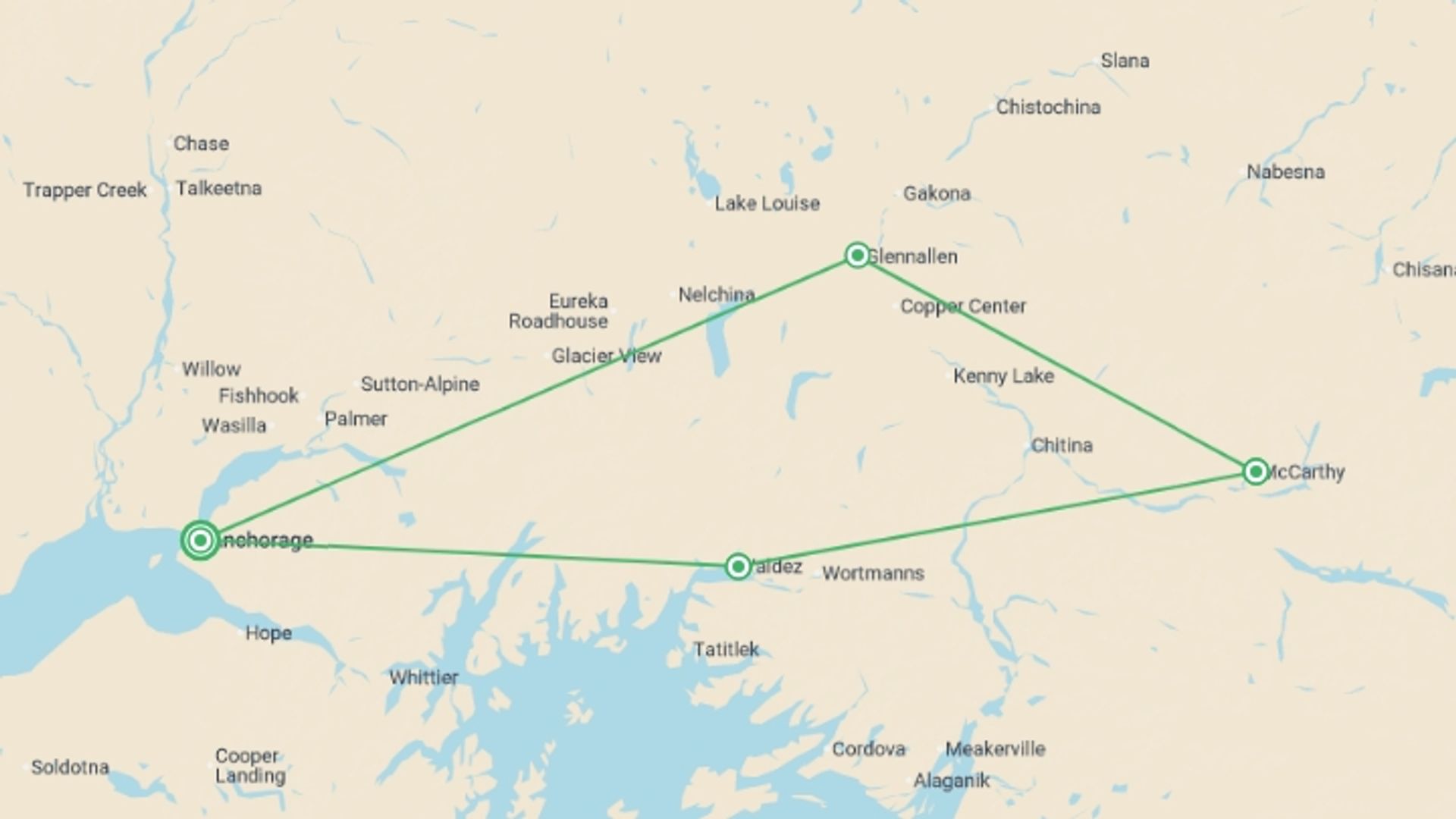 A map showing the tour itinerary for the trip: Hike Alaska: Valdez and Wrangell St Elias, starting in Anchorage, USA and ending in Anchorage, USA going through 3 other destinations.