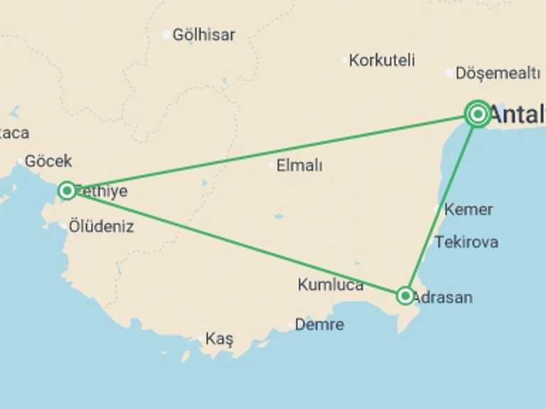 Map itinerary of Balkans Tour in October 2026 with 4 destination visits for the trip: Lycian Guided Walk
