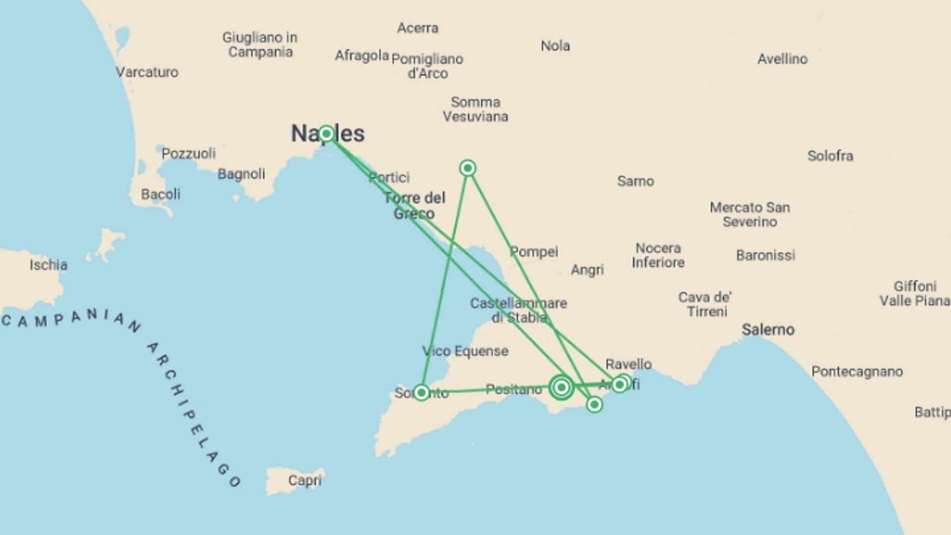A map showing the tour itinerary for the trip: Walking The Amalfi Coast - Summer Edition, starting in Bomerano, Italy and ending in Bomerano, Italy going through 7 other destinations.