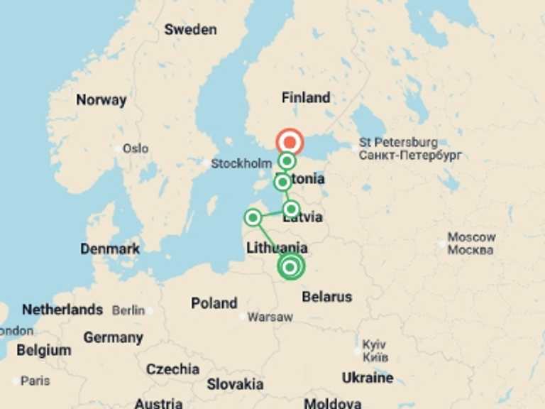 Map itinerary of Europe Tour in May 2026 with 8 destination visits for the trip: Walks of the Baltics and Finland
