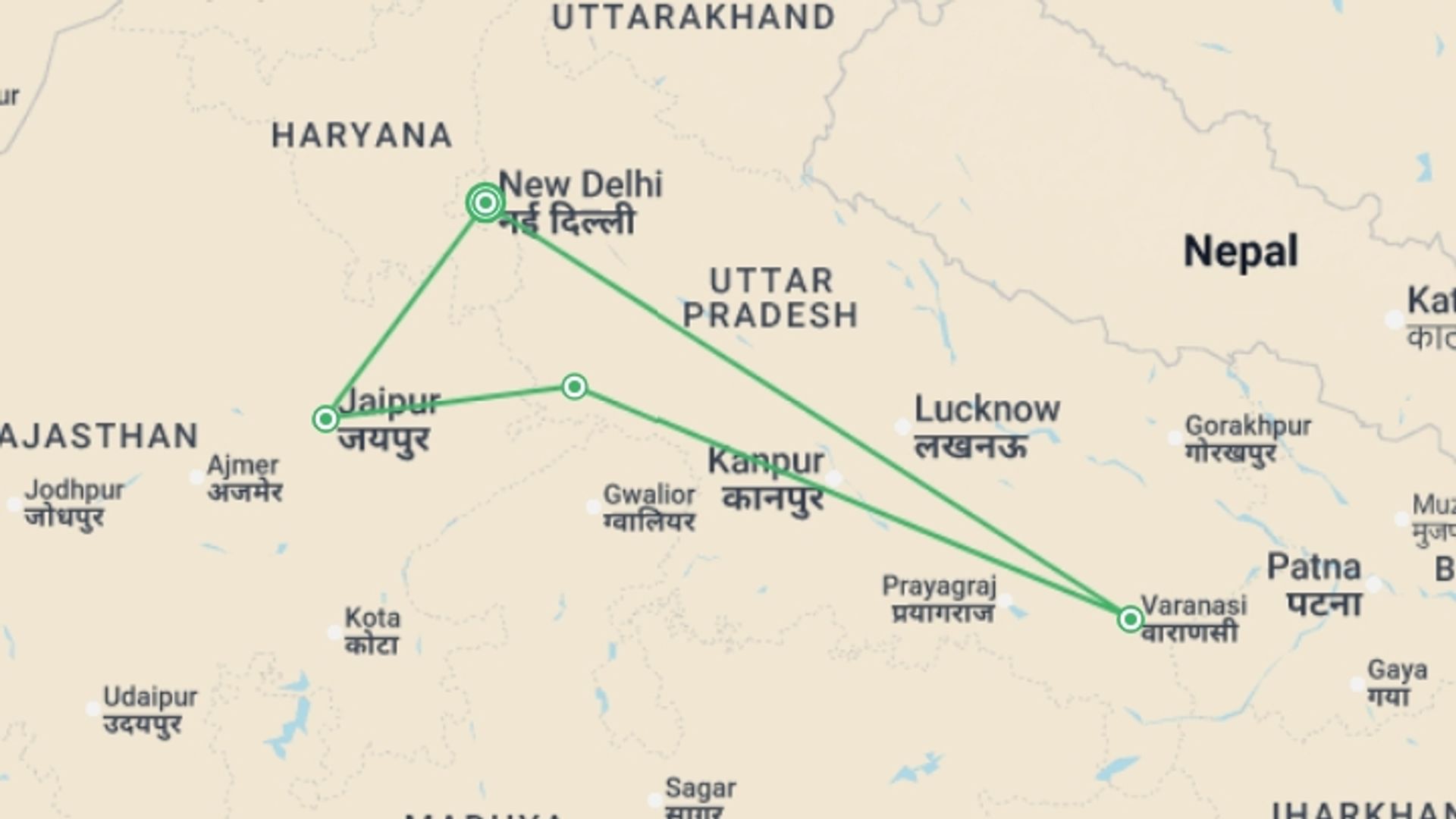 A map showing the tour itinerary for the trip: Golden Triangle & Varanasi - 7 days, starting in New Delhi, India and ending in New Delhi, India going through 3 other destinations.
