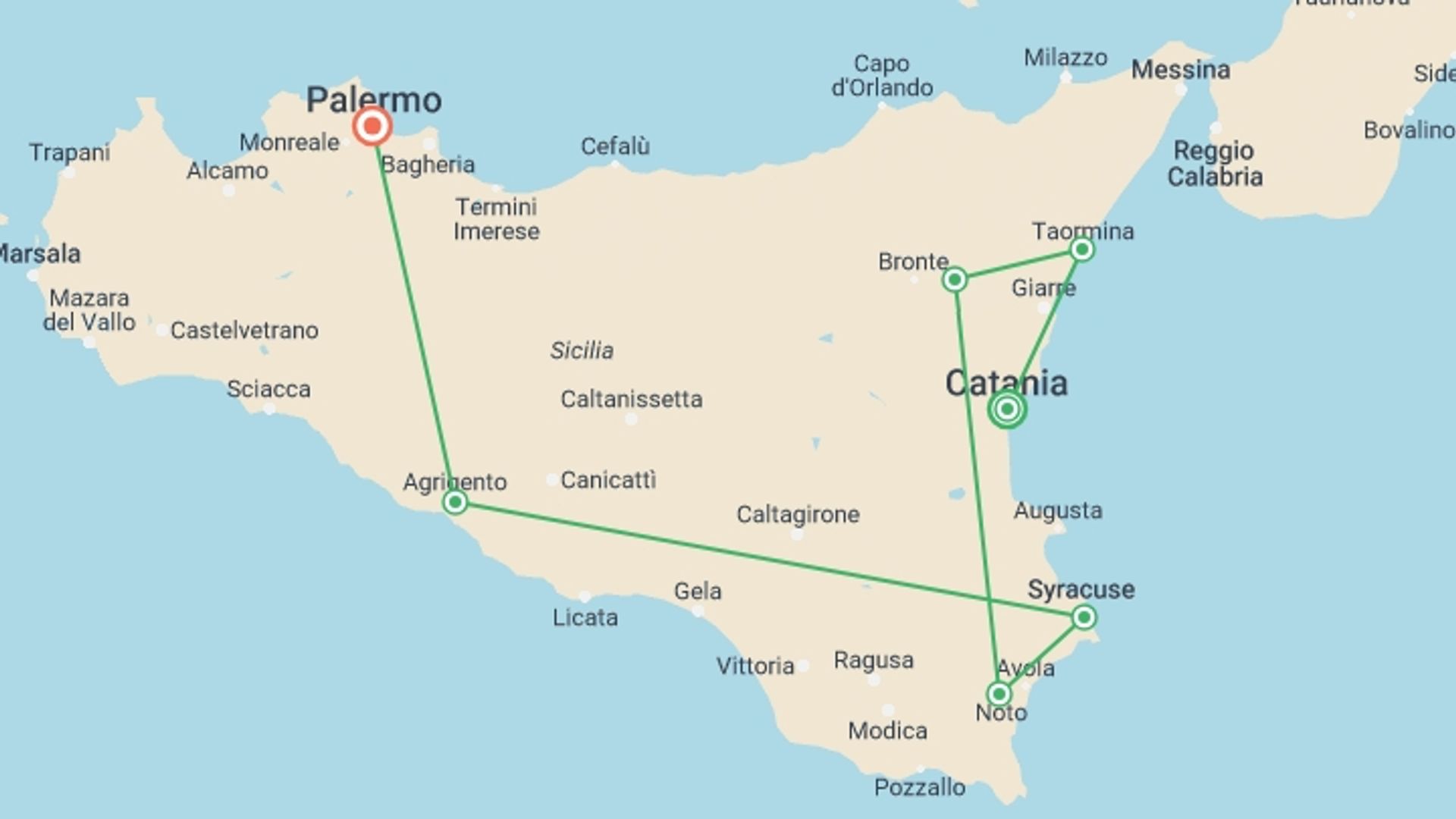 A map showing the tour itinerary for the trip: Best of Sicily (Small Group Tour), starting in Catania, Italy and ending in Palermo, Italy going through 7 other destinations.