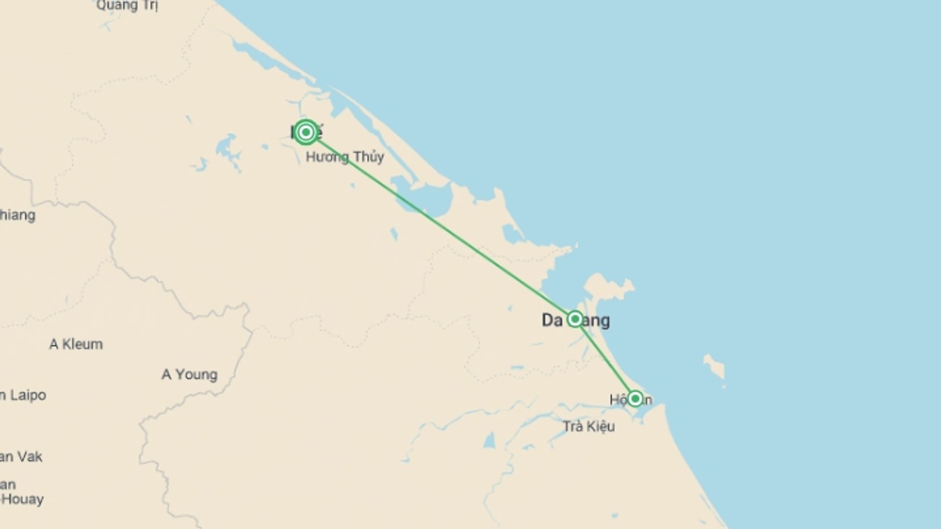 A map showing the tour itinerary for the trip: Explore The Cultural Heritage Of Vietnam 3 Days 2 Nights, starting in Hue, Vietnam and ending in Hue, Vietnam going through 2 other destinations.