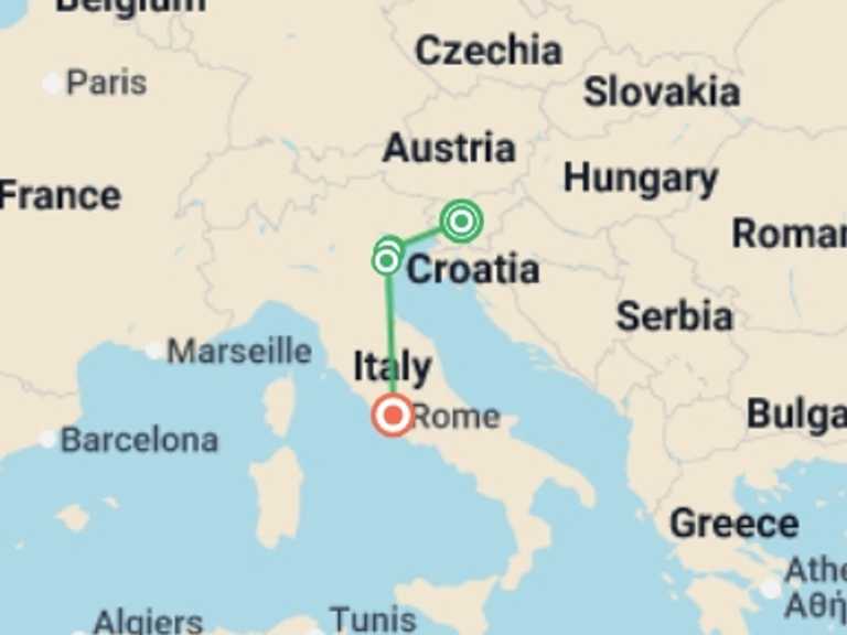 Map itinerary of Europe Tour in April 2026 with 5 destination visits for the trip: Grand Highlights of Italy & Slovenia (2026)