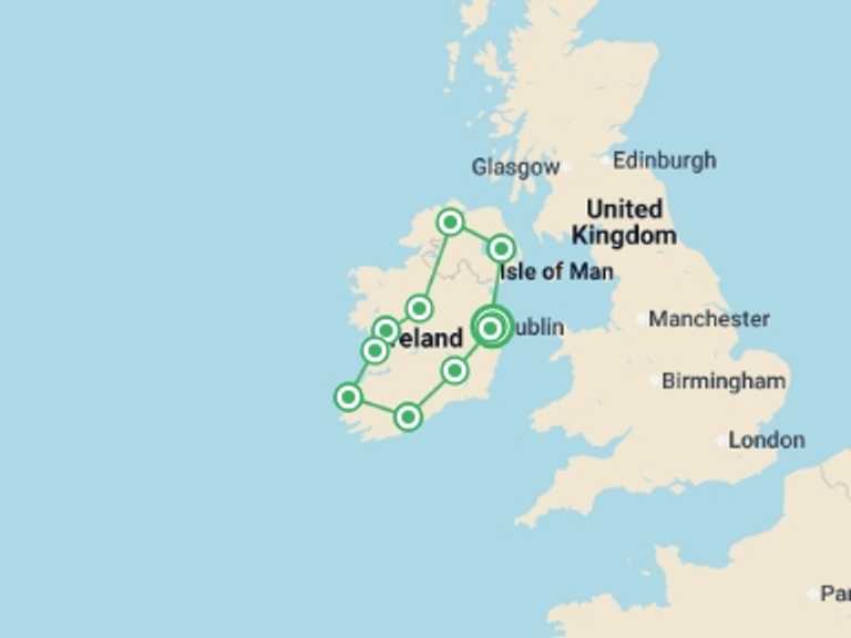 Map itinerary of Ireland Tour in Summer with 9 destination visits for the trip: The Emerald Isle