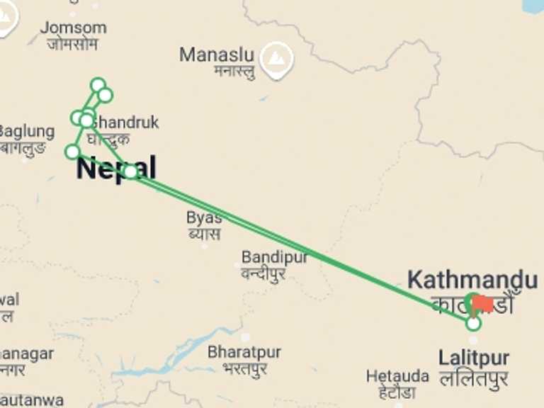 Map itinerary of Nepal Tour in Winter with 9 destination visits for the trip: Annapurna Base Camp Trek