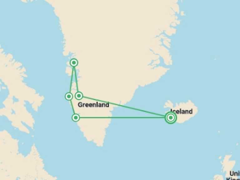 Map of Europe Tour with 5 destination visits for the trip: West Greenland: Discovering Massive Icebergs and Inuit Communities, Southbound