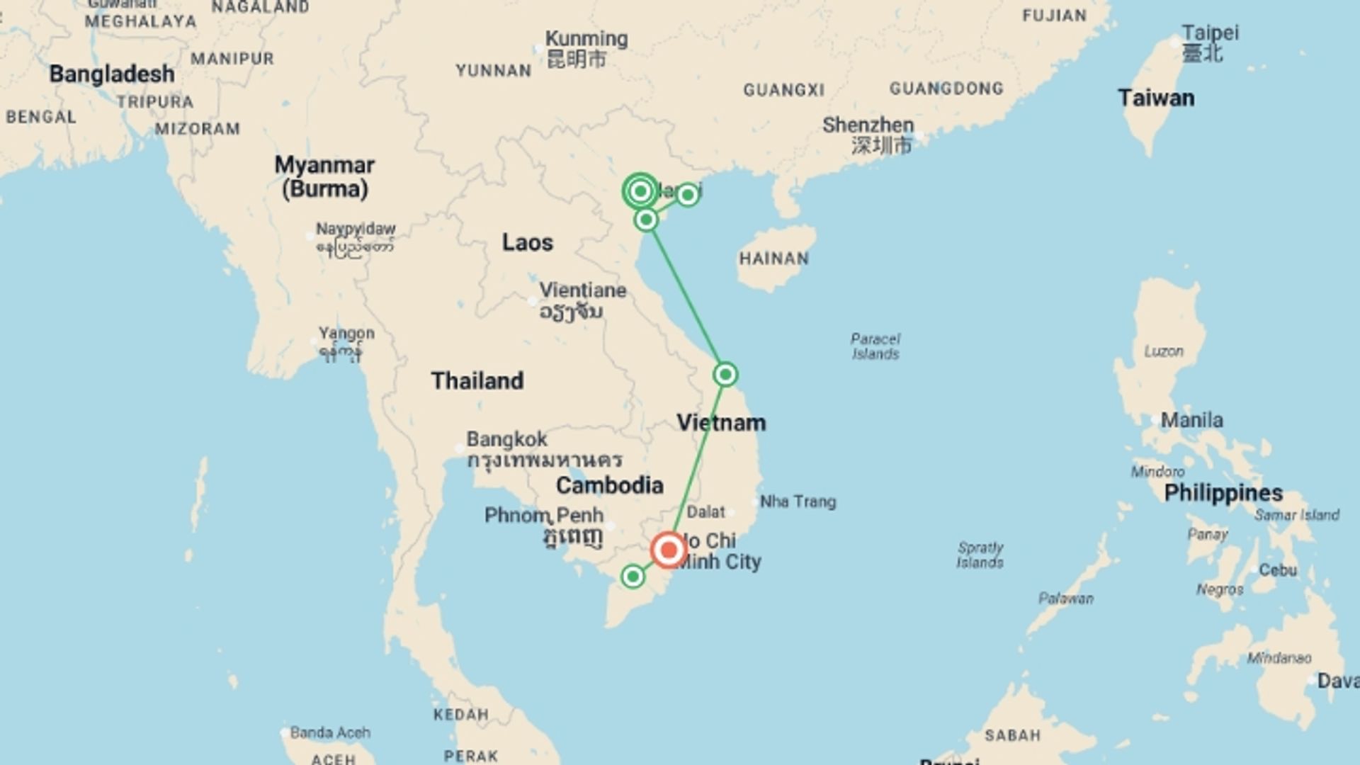 A map showing the tour itinerary for the trip: Hanoi to Ho Chi Minh City Adventure  - 12 days, starting in Hanoi, Vietnam and ending in Ho Chi Minh City, Vietnam going through 4 other destinations.