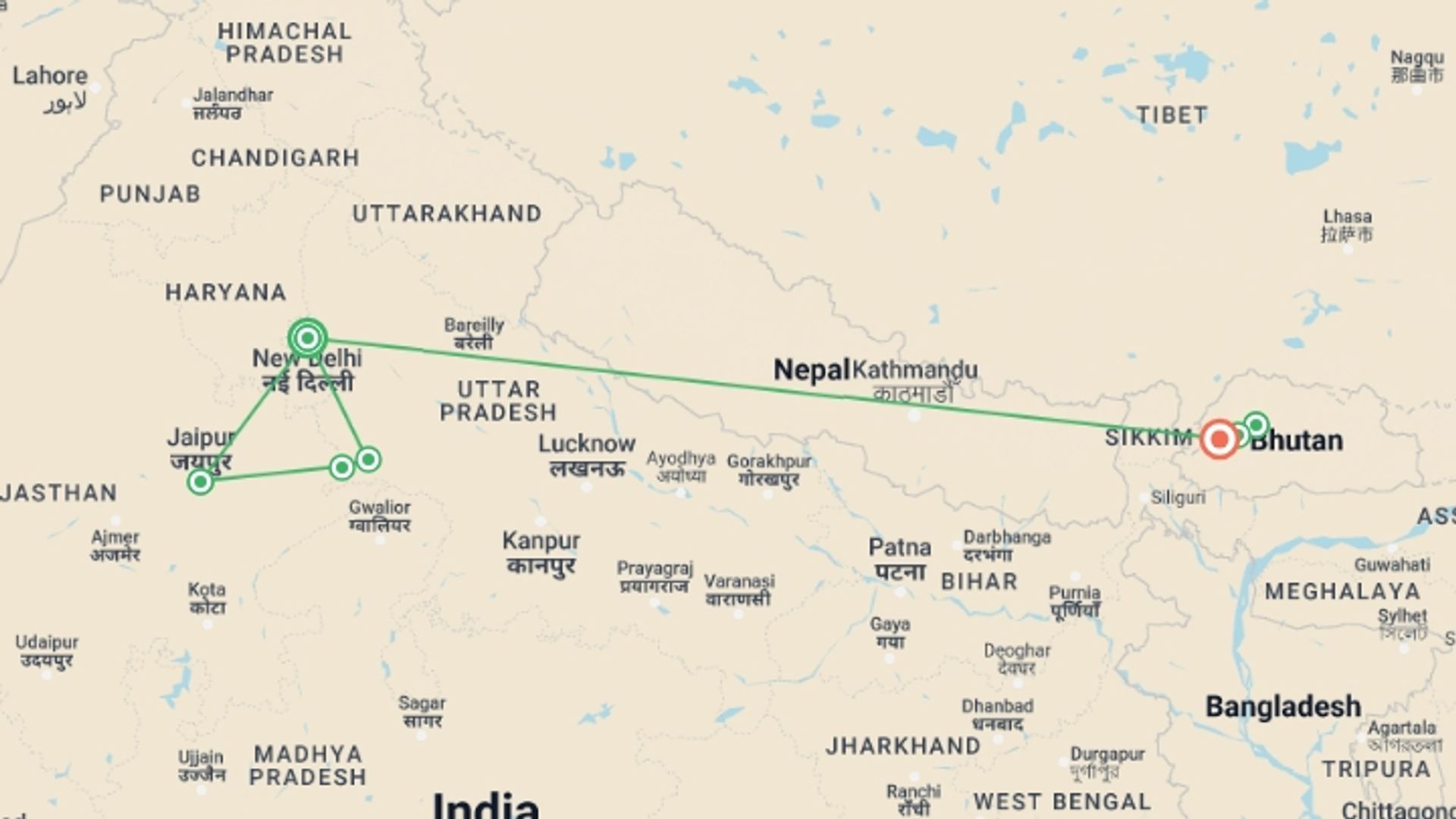 A map showing the tour itinerary for the trip: GOLDEN TRIANGLE WITH BHUTAN, starting in New Delhi, India and ending in Paro, Bhutan going through 4 other destinations.