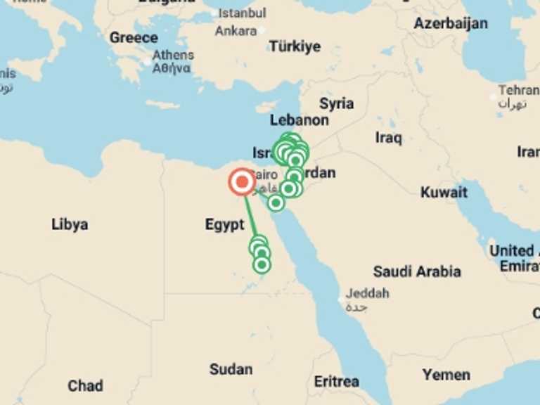 Map itinerary of Mediterranean Tour in July 2026 with 12 destination visits for the trip: Legend of Israel, Jordan and Egypt