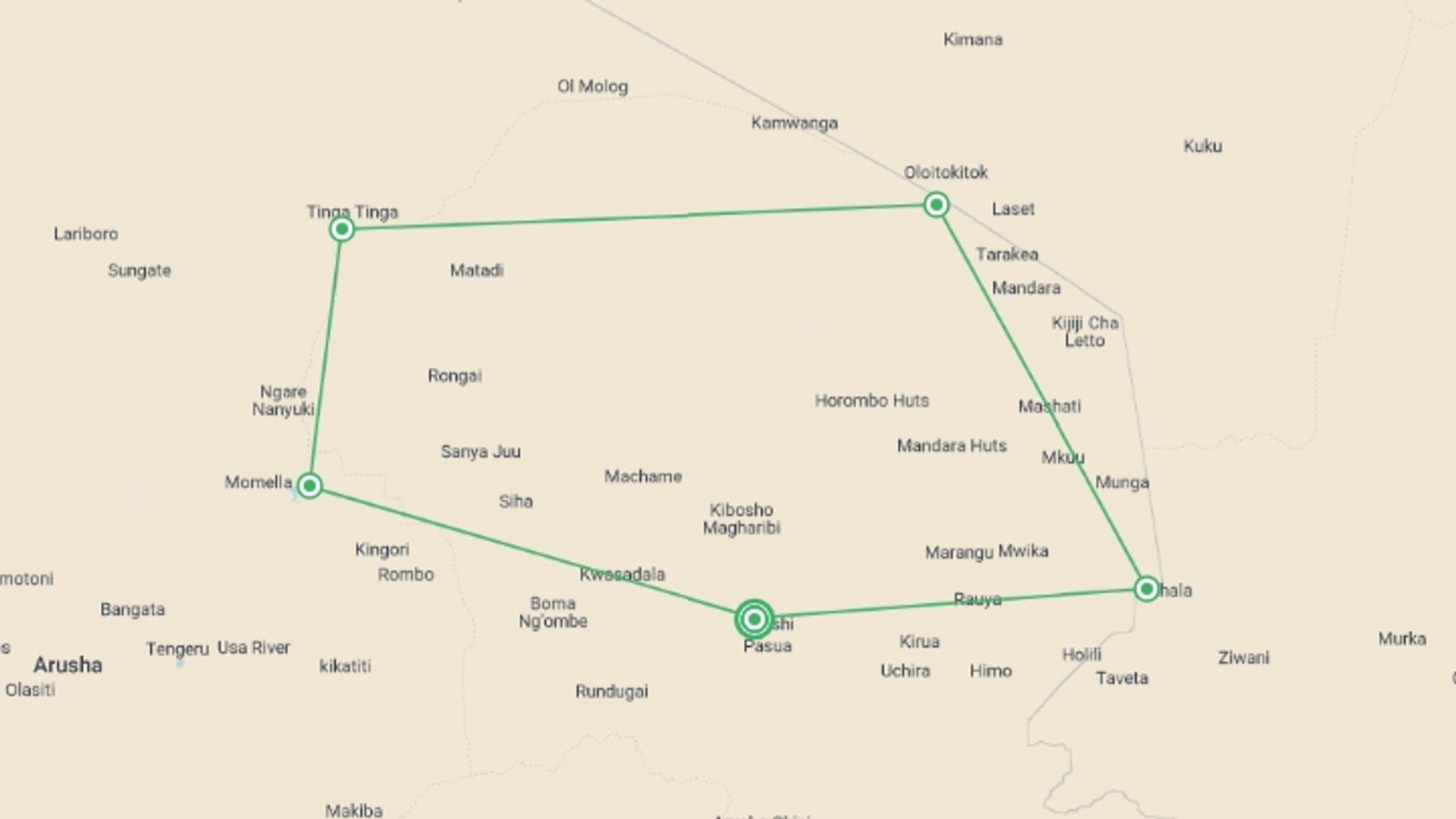 A map showing the tour itinerary for the trip: Mount Kilimanjaro with Bike Tour Adventure, starting in Moshi, Tanzania and ending in Moshi, Tanzania going through 4 other destinations.