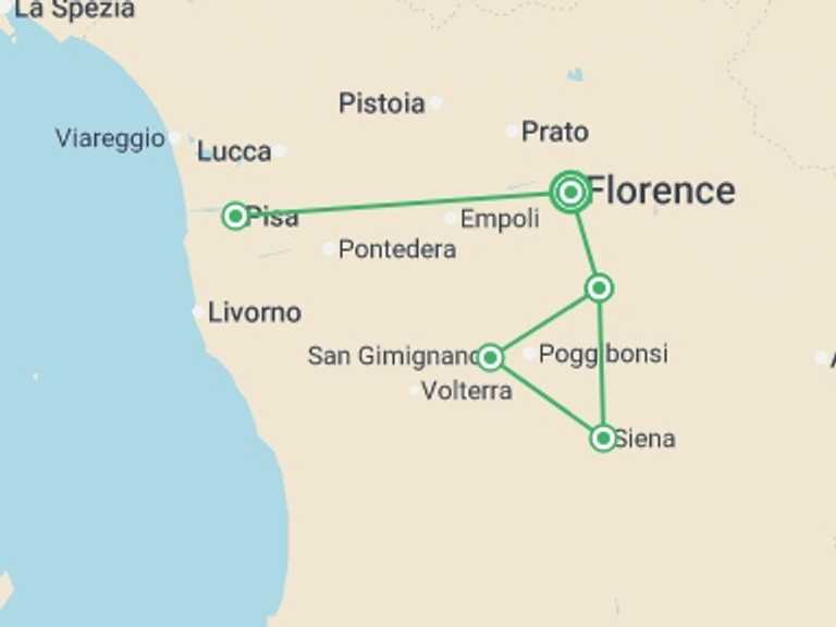 Map itinerary of Mediterranean Tour in March 2027 with 2 destination visits for the trip: Tuscany Escape: 7 Days Through Art, Wine & Hills, Self-drive