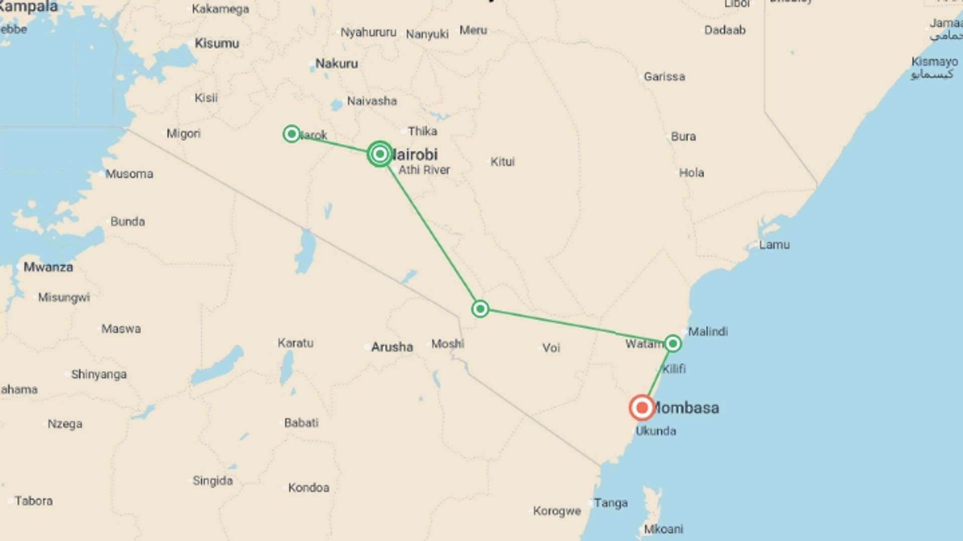 A map showing the tour itinerary for the trip: Kenya: Masai Mara, Tsavo & Coastal Wonders, starting in Nairobi, Kenya and ending in Mombasa, Kenya going through 3 other destinations.