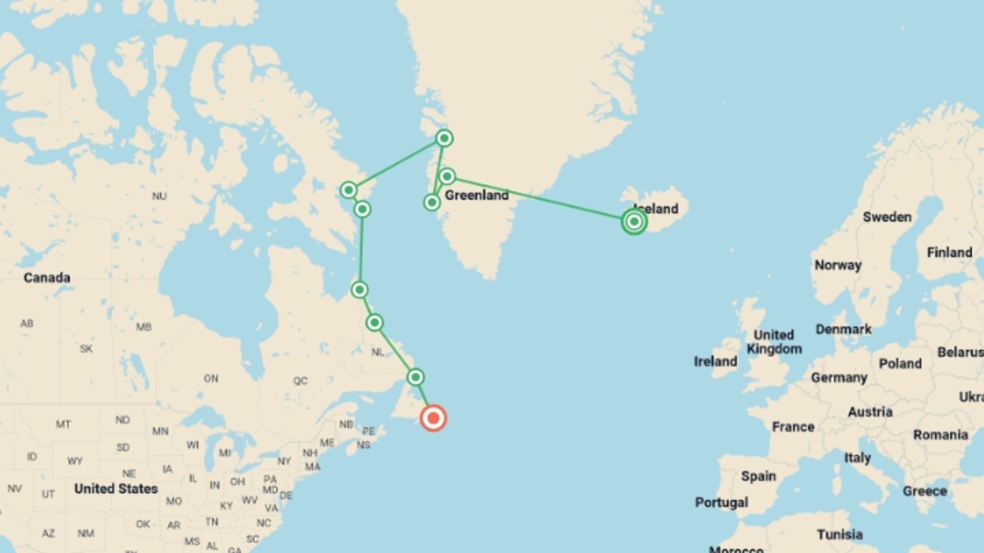 A map showing the tour itinerary for the trip: Greenland to Newfoundland: Mountains, Wildlife and Viking History, starting in Reykjavik, Iceland and ending in St John, Canada going through 9 other destinations.