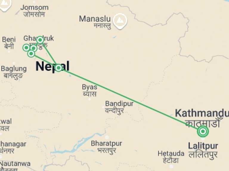 Map of Pokhara Trekking and Hiking Tour with 6 destination visits for the trip: Nepal Group Adventure: Hike the Himalayas Foothills