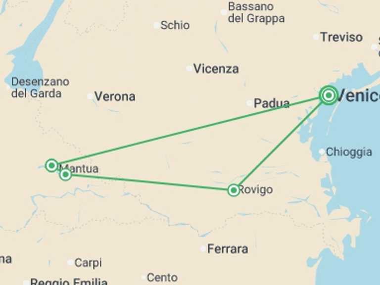 Map itinerary of Europe Tour in April 2027 with 4 destination visits for the trip: From the Canals of Venice to Renaissance-infused Mantua