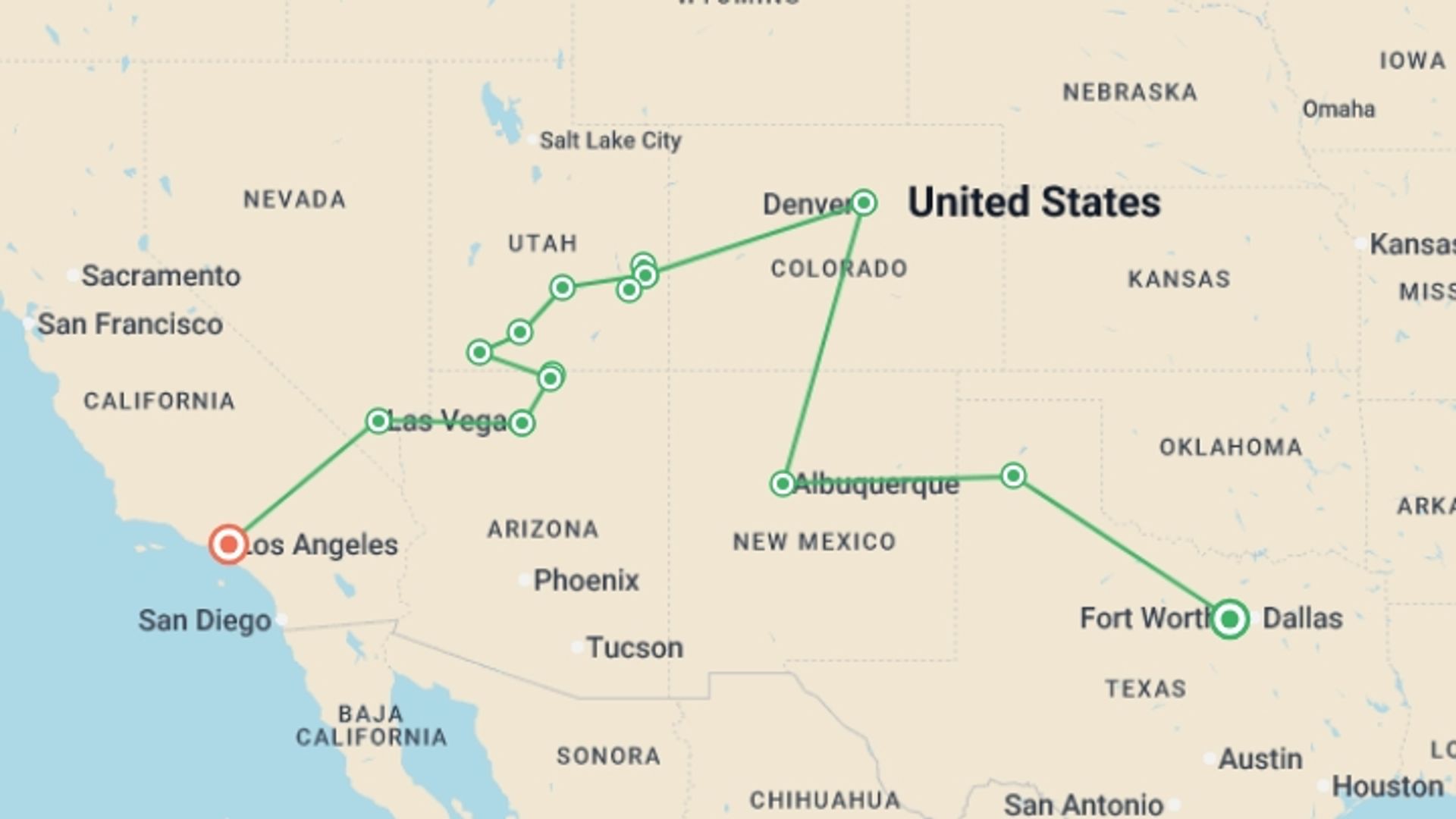 A map showing the tour itinerary for the trip: USA: National Parks Road Trip, starting in Fort Worth, USA and ending in Los Angeles, USA going through 8 other destinations.