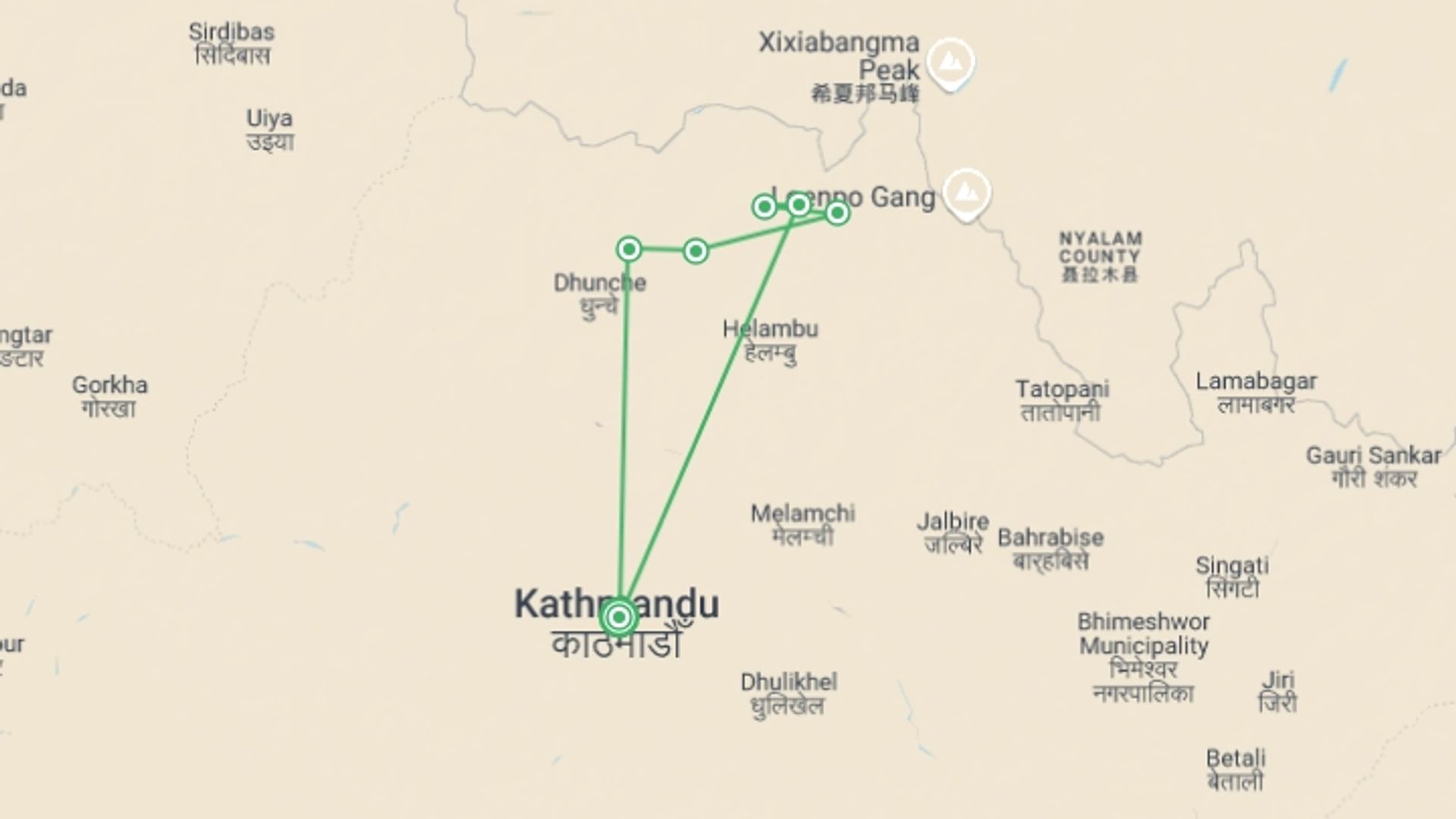 A map showing the tour itinerary for the trip: Langtang Trek with Chopper Return, starting in Kathmandu, Nepal and ending in Kathmandu, Nepal going through 5 other destinations.