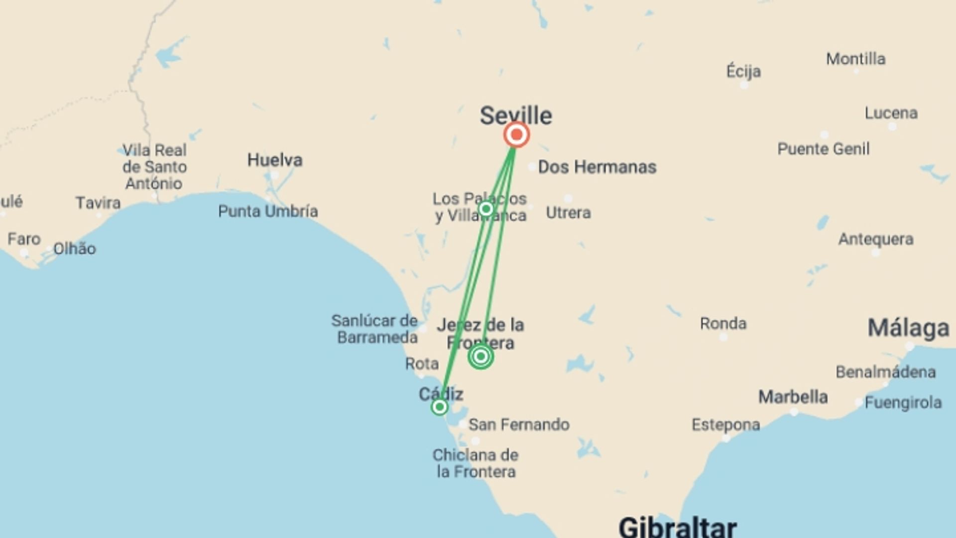A map showing the tour itinerary for the trip: The Jamón Ibérico Route and the Pueblos Blancos - Amazing Andalusia: Enchanting Traditional Architecture and Fabulous Cuisine (port-to-port cruise), starting in Jerez, spain and ending in Seville, Spain going through 3 other destinations.