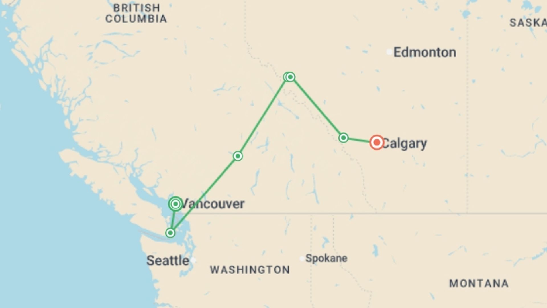 A map showing the tour itinerary for the trip: Spectacular Canadian Rockies, starting in Vancouver, Canada and ending in Calgary, Canada going through 5 other destinations.
