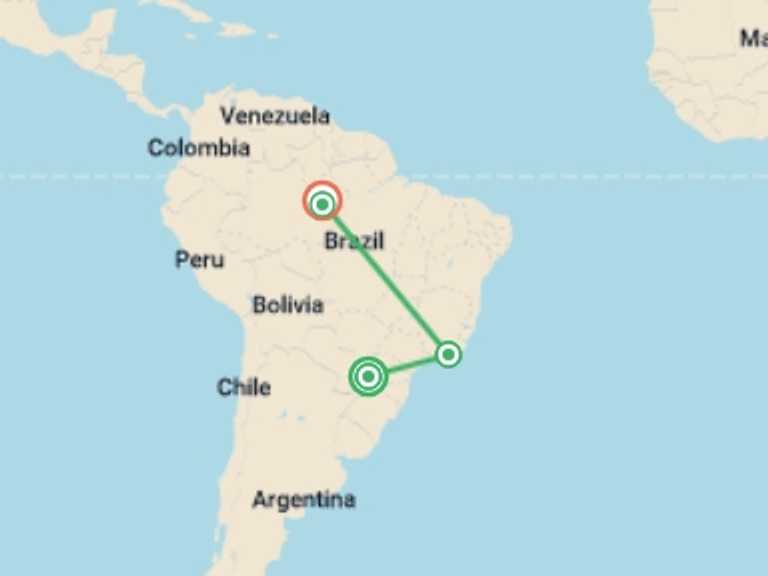 Map of South America Tour with 5 destination visits for the trip: Best Of Brazil