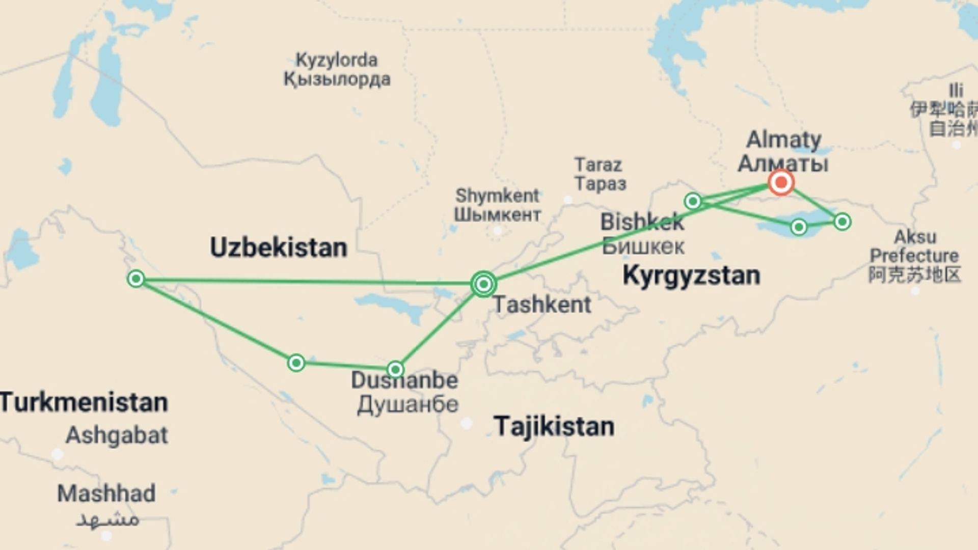 A map showing the tour itinerary for the trip: Premium Central Asia, starting in Tashkent, Uzbekistan and ending in Almaty, Kazakhstan going through 6 other destinations.