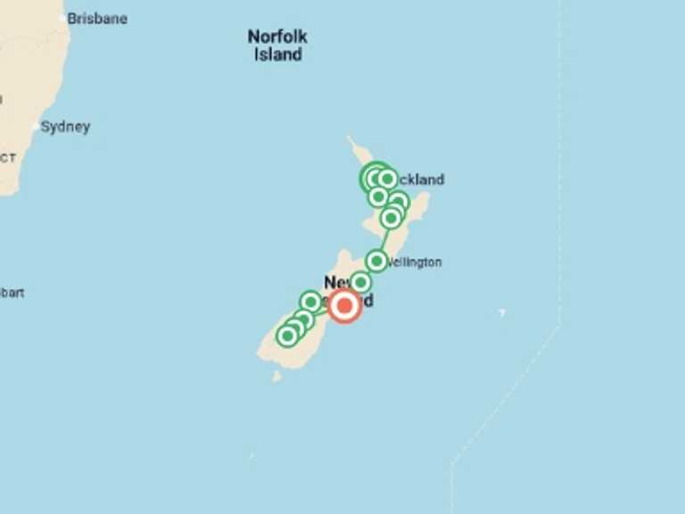 Map itinerary of Oceania Tour in August 2027 with 13 destination visits for the trip: New Zealand Uncovered (Southbound)