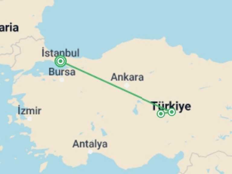 Map of Turkey Cruise Tour with 2 destination visits for the trip: Istanbul & Cappadocia Package